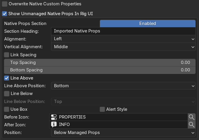 Native props section heading controls