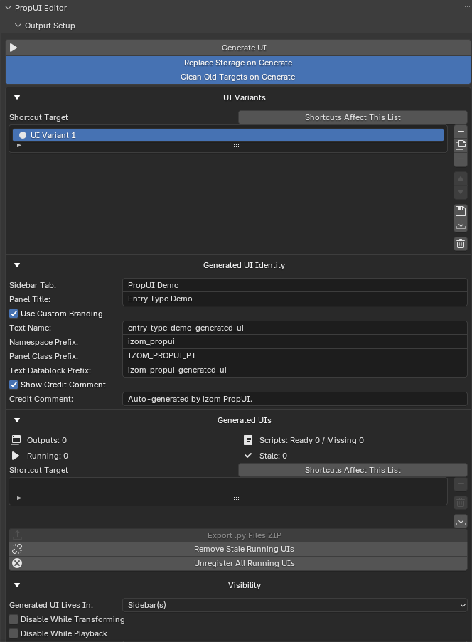 The PropUI editor: authoring entries, arranging a layout, and generating a panel
