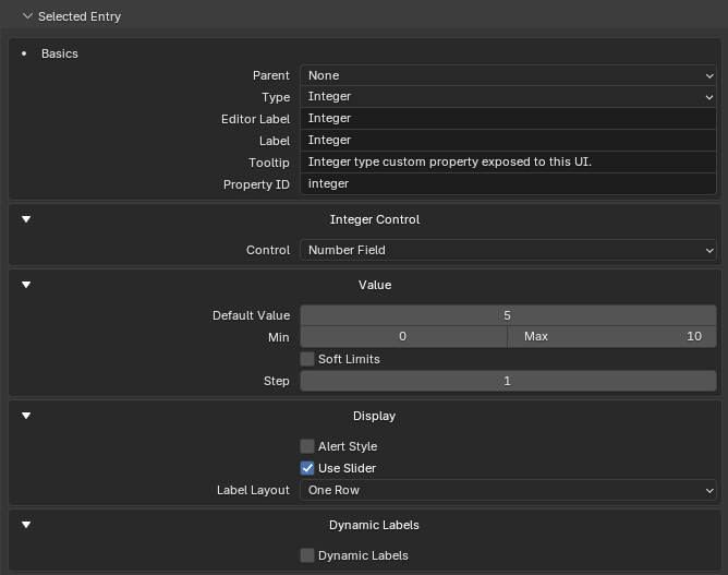 Integer entry with number-field and slider settings