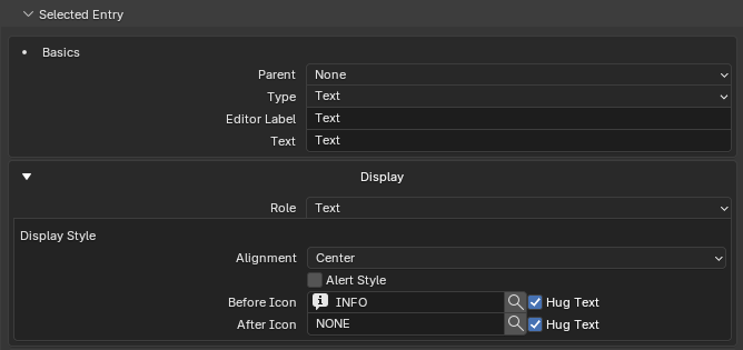 Text entry info/display settings