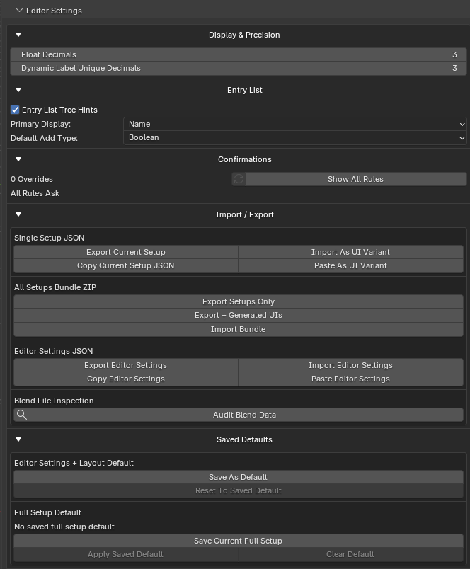 Import / export and saved-defaults controls in Editor Settings